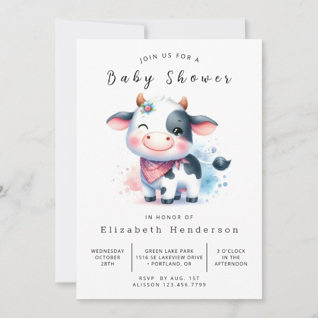 Invitación Fun Rustic Cow Baby Shower (Anverso)