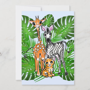 Invitación Fun Safari amigos girafa cebra tigre hojas de palm