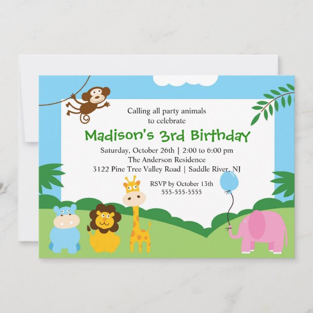 Invitación Fun Safari primer cumpleaños (Anverso)