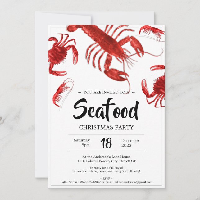 Invitación Fun Seafood Navidades Fiesta Crab Lobster (Anverso)