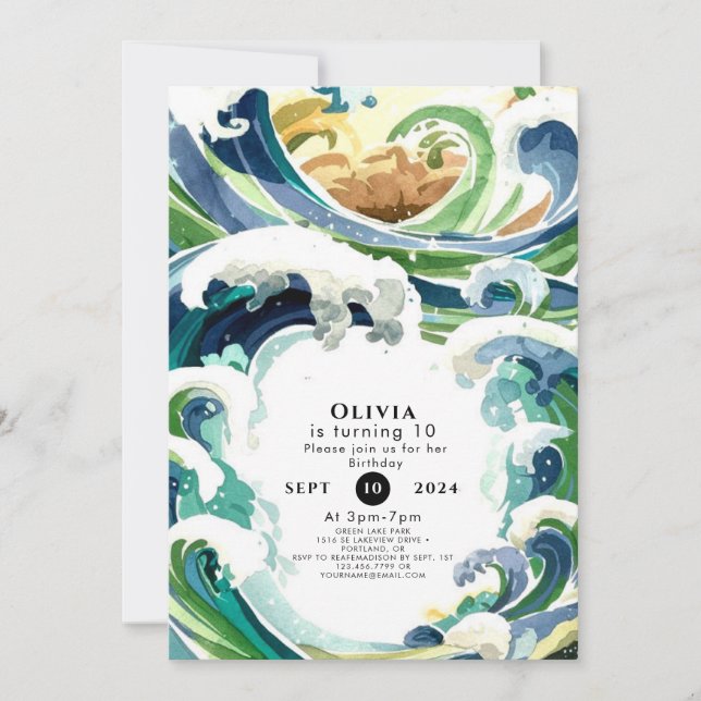 Invitación Fun Simple Blue Ocean Waves Cumpleaños (Anverso)