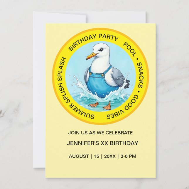 Invitación fun Splish Splash Seagull summer Pool Party (Anverso)