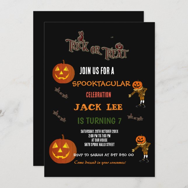 Invitación Fun Spooktacular Halloween Trick o Treta Cumpleaño (Anverso / Reverso)