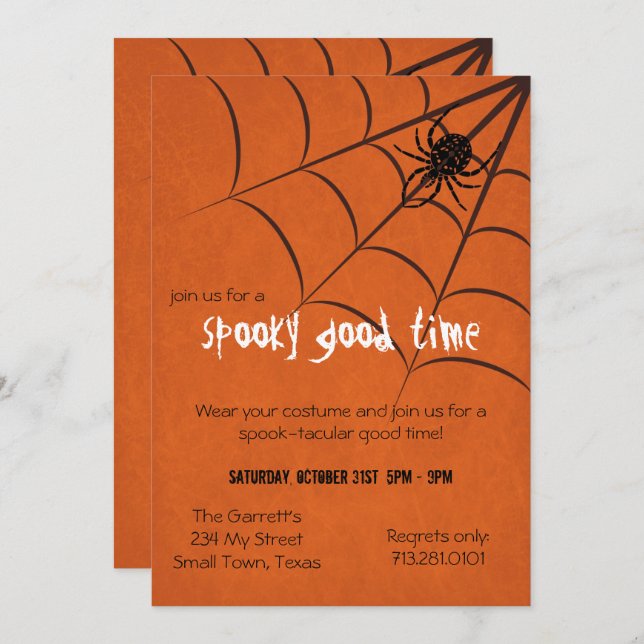 Invitación Fun Spooky Spider y Web Black Naranja Halloween (Anverso / Reverso)