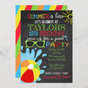 Invitación Fun Summer Chalkboard Pool Fiesta Cumpleaños