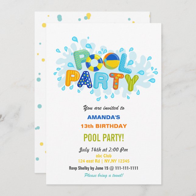 Invitación Fun Summer Swimming Pool Party Birthday  (Anverso / Reverso)