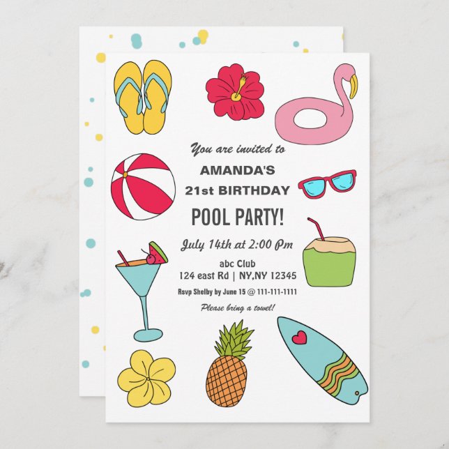 Invitación Fun Summer Swimming Pool Party Birthday  (Anverso / Reverso)