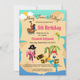 Invitación Fun Treasure Map Pink Pirate Chica Fiesta de Cumpl