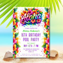 Invitación Fun Tropical Aloha Birthday Pool Fiesta Green