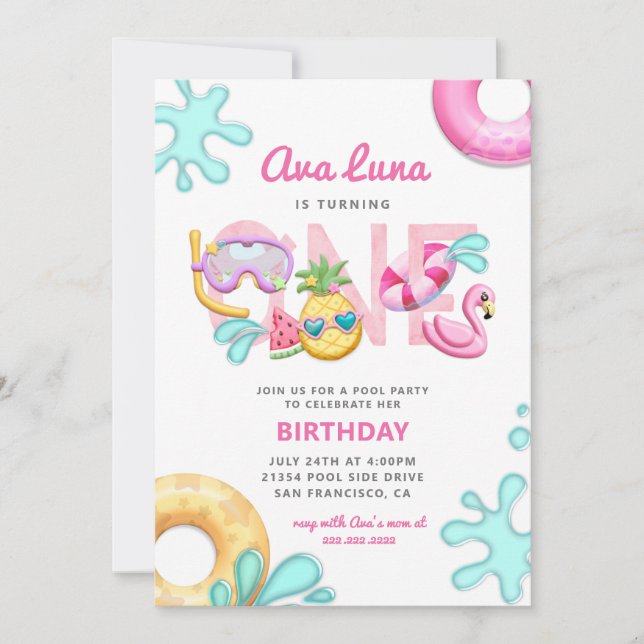 Invitación Fun Tropical Summer Beach Chica Primer cumpleaños  (Anverso)