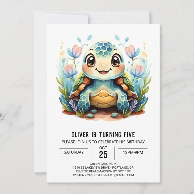 Invitación Fun Underwater Boho Turtle Boy Cumpleaños (Anverso)