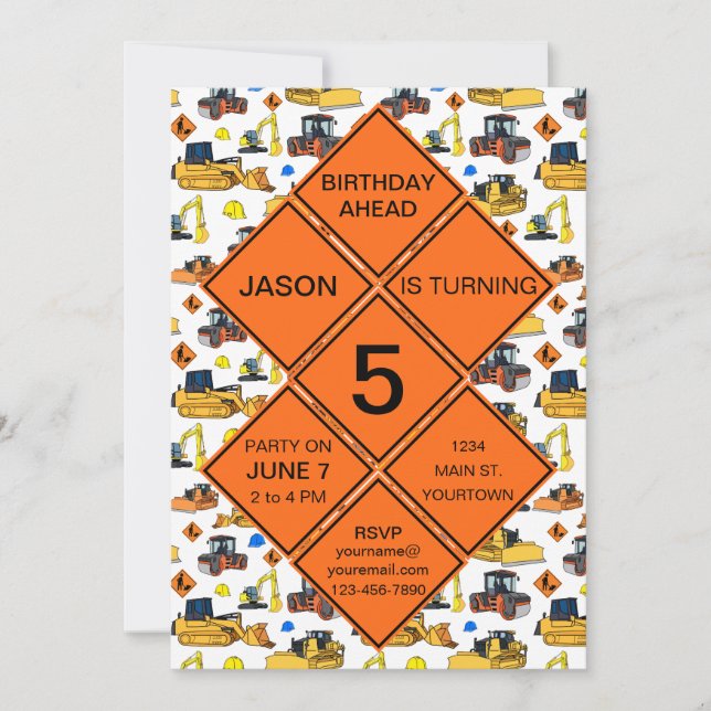 Invitación Fun Unique Construction Zone Road Rótulos Cumpleañ (Anverso)