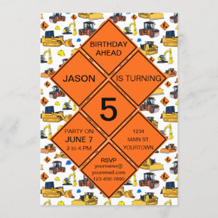 Invitación Fun Unique Construction Zone Road Rótulos Cumpleañ