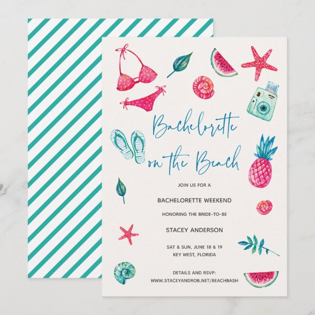 Invitación Fun Watercolor Beach Destination Bachelorette (Anverso / Reverso)
