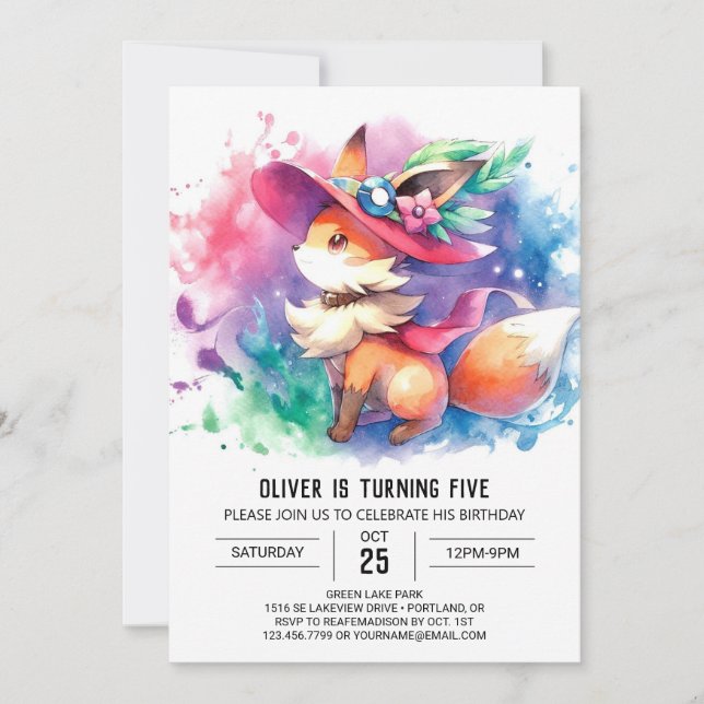 Invitación Fun Watercolor Fox Birthday (Anverso)