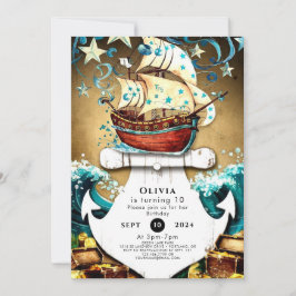 Invitación Fun Watercolor Treasure Pirate Cumpleaños