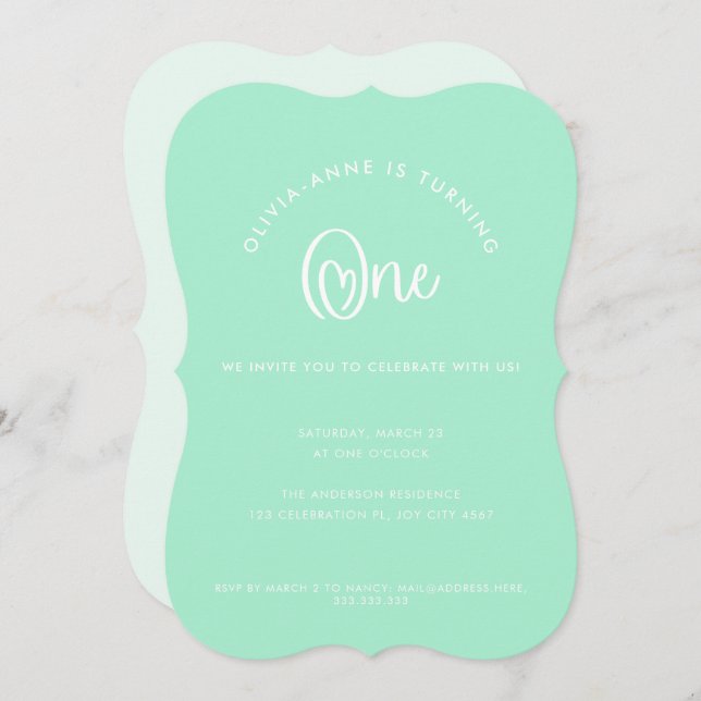 Invitación Fun Whimsical Mint Heart Script First Birday (Anverso / Reverso)