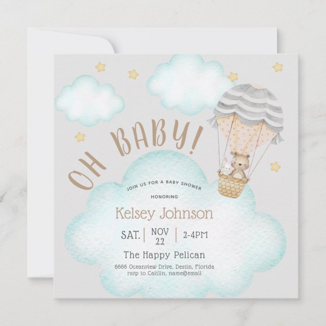 Invitación Fun Woodland Teddy Bear Balloon Baby Shower (Anverso)