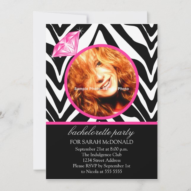 Invitación Fun Zebra Print & Diamond Photo Bachelorette Party (Anverso)