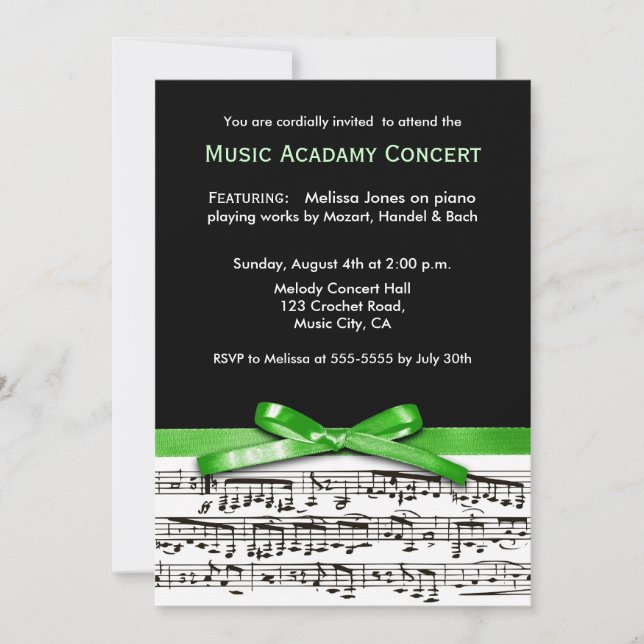 Invitación Funcionamiento musical negro y verde del decreto (Anverso)