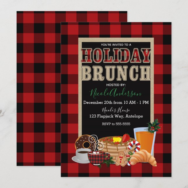 Invitación Funda de búfalo negro rojo de brunch de vacaciones (Anverso / Reverso)