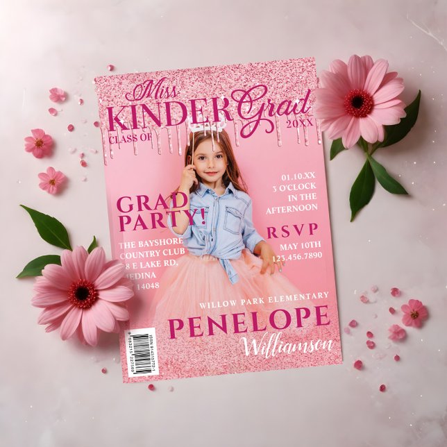 Invitación Funda de la revista Miss Kinder Grad Purpurina Ros (Miss Kinder Grad Pink Glitter Drip Magazine Cover Invitation)