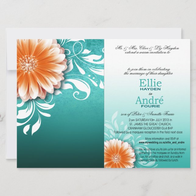 Invitación Funda para teléfono Aqua Naranja de Gerbera Daisy (Anverso)