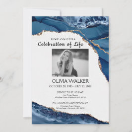 Invitación Funeral azul y oro celebrando la vida