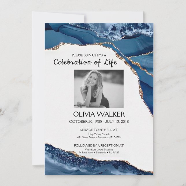 Invitación Funeral azul y oro celebrando la vida (Anverso)