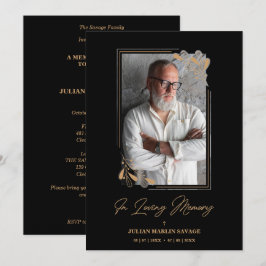 Invitación Funeral Black Fake Golden Branches Photo Remember