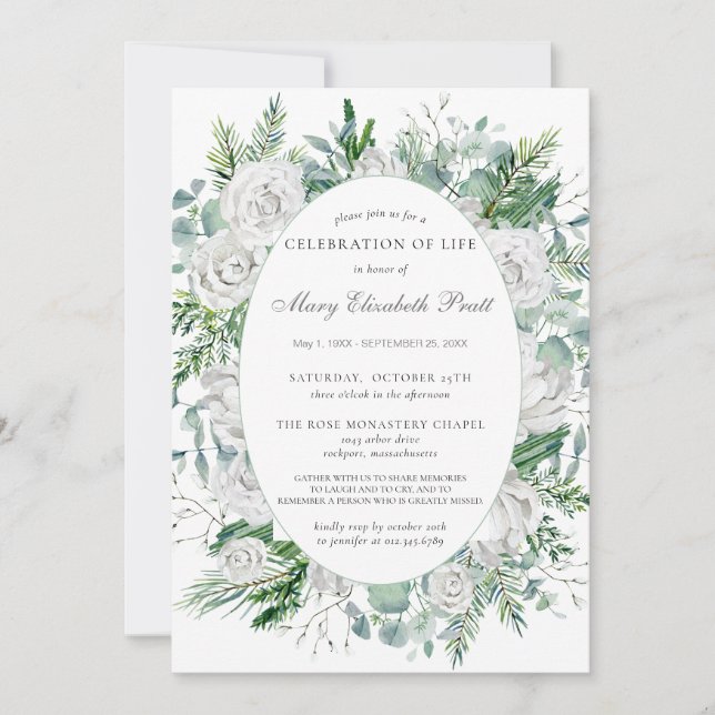 Invitación Funeral Botánico de Verdor de Invierno de Rosa Bla (Anverso)