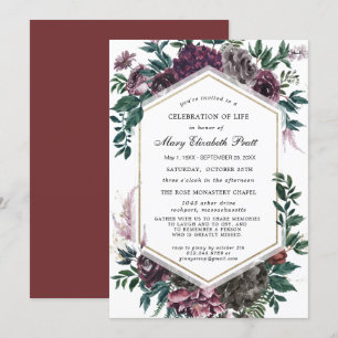 Invitación Funeral Burgundy Red Floral Celebración de la Vida