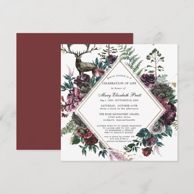 Invitación Funeral Burgundy Red Floral Celebración de la Vida (Anverso / Reverso)