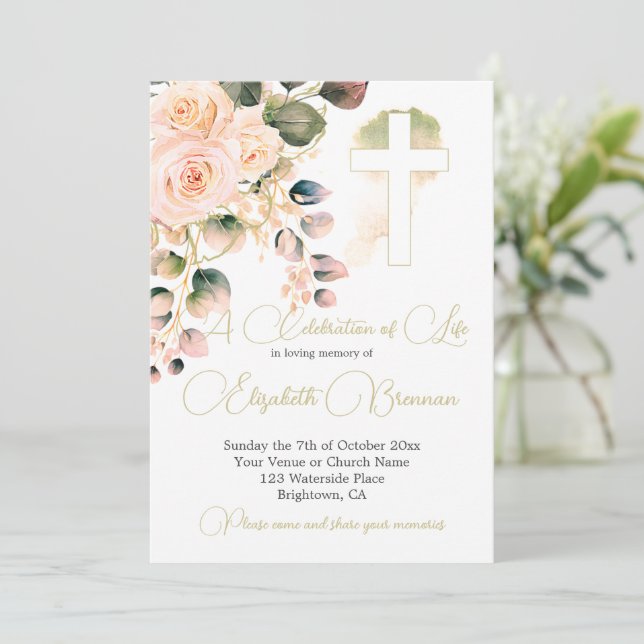 Invitación Funeral Christian Floral Elegante Rosa (Anverso de pie)