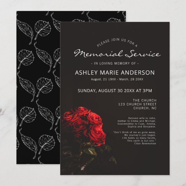 Invitación Funeral conmemorativo floral elegante de los rosas (Anverso / Reverso)
