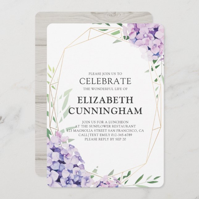Invitación Funeral conmemorativo Hydrangea Lilac Floral Geomé (Anverso / Reverso)
