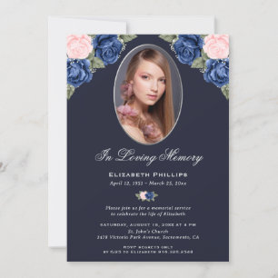 Invitación Funeral de Blue Floral Photo Memorial Service