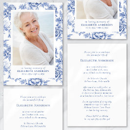 Invitación Funeral de foto floral Blue Toile
