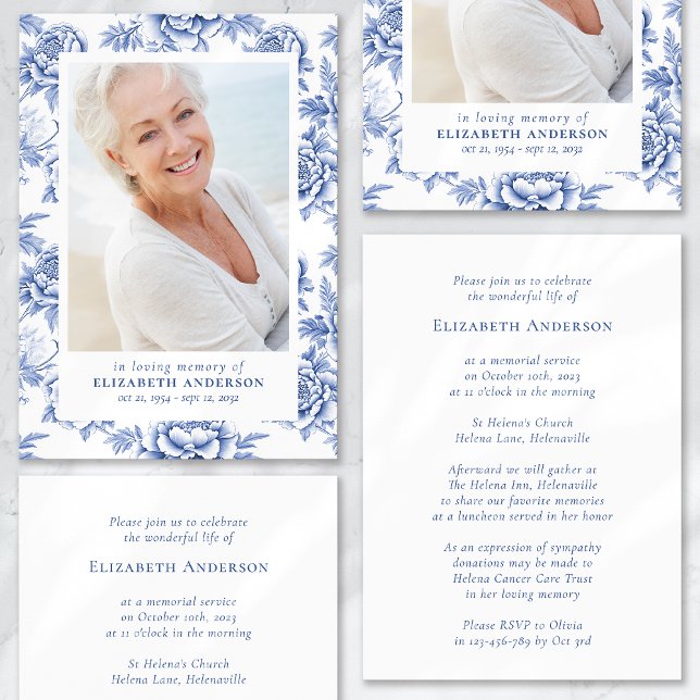 Invitación Funeral de foto floral Blue Toile (Subido por el creador)