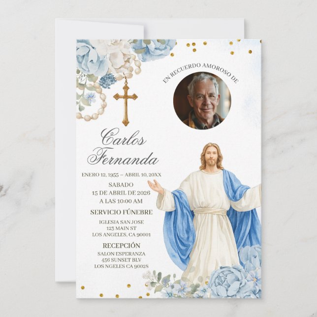 Invitación funeral de Jesús azul y dorado (Anverso)