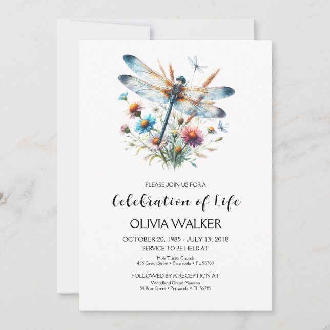 Invitación Funeral de la libélula celebrando la vida (Anverso)
