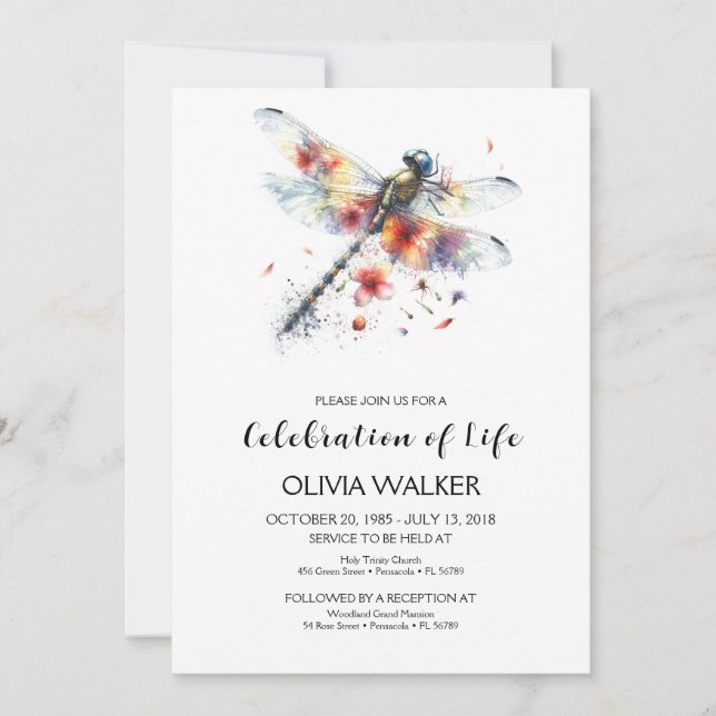 Invitación Funeral de la libélula celebrando la vida (Anverso)