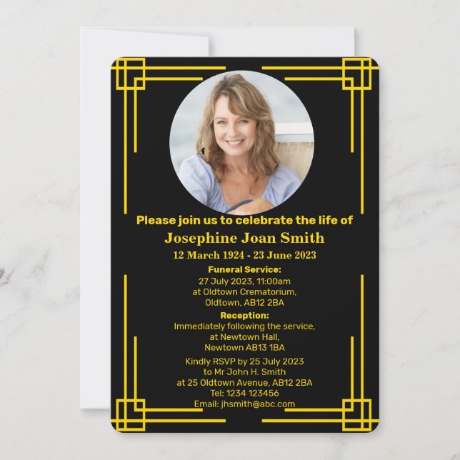 Invitación Funeral de marco de Art Deco Minimalista personali (Anverso)