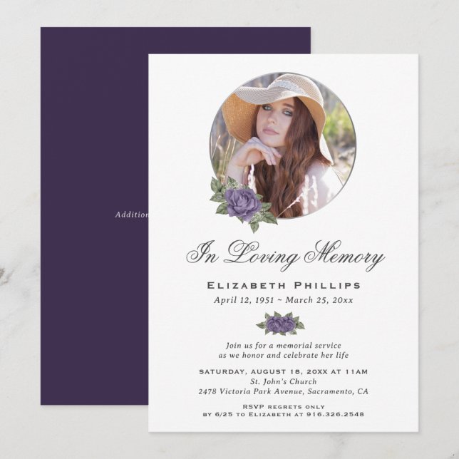 Invitación Funeral de Purple Floral Memorial Service Foto (Anverso / Reverso)
