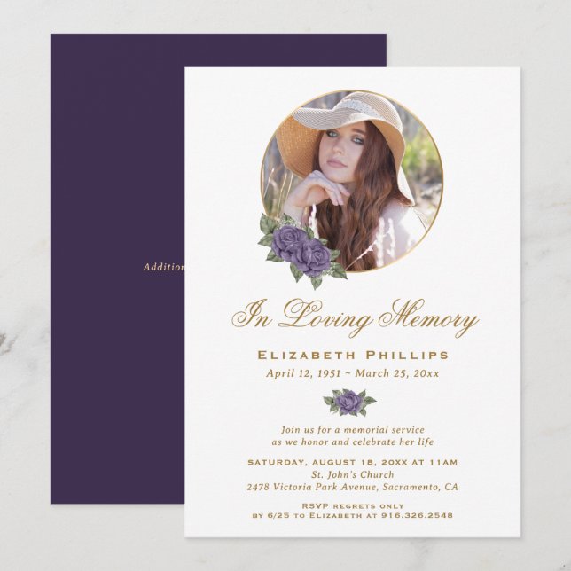 Invitación Funeral de Purple Gold Floral Memorial Service Fot (Anverso / Reverso)