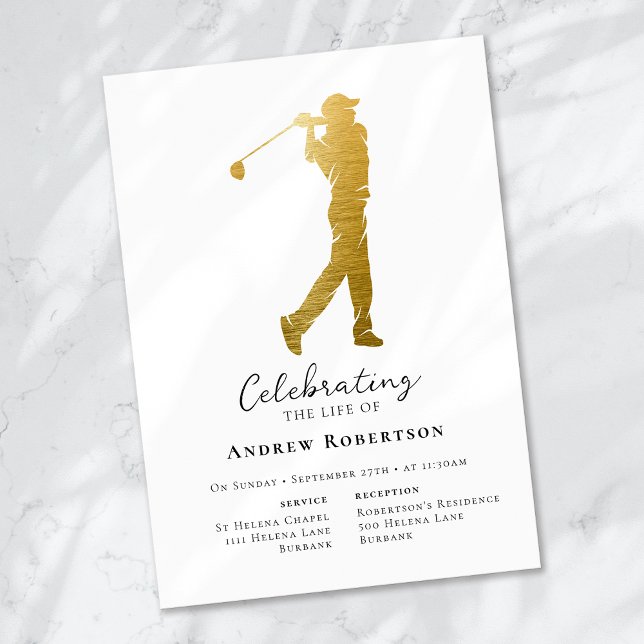 Invitación Funeral de Relieve metalizado dorado Golfer (Subido por el creador)
