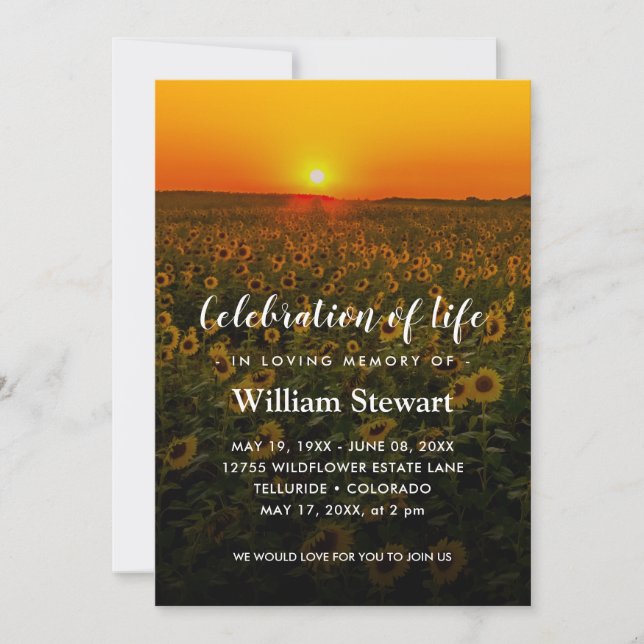 Invitación Funeral de Sunflowers | Celebración de la vida al  (Anverso)