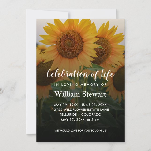 Invitación Funeral de Sunflowers | Celebración floral de la v (Anverso)
