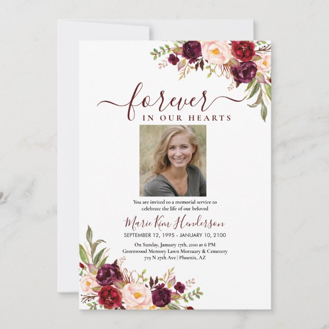 Invitación Funeral del Servicio Memorial de Rubor de Marsala  (Anverso)
