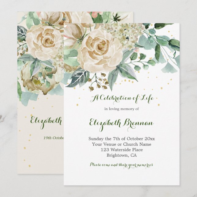 Invitación Funeral Elegante Rosa Floral Verde Foliage (Anverso / Reverso)